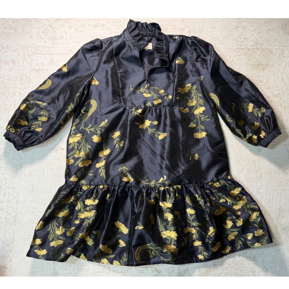 Tuckernuck Navy Gold Floral Satin Ruffle Neck Drop Waist Mini Dress XL